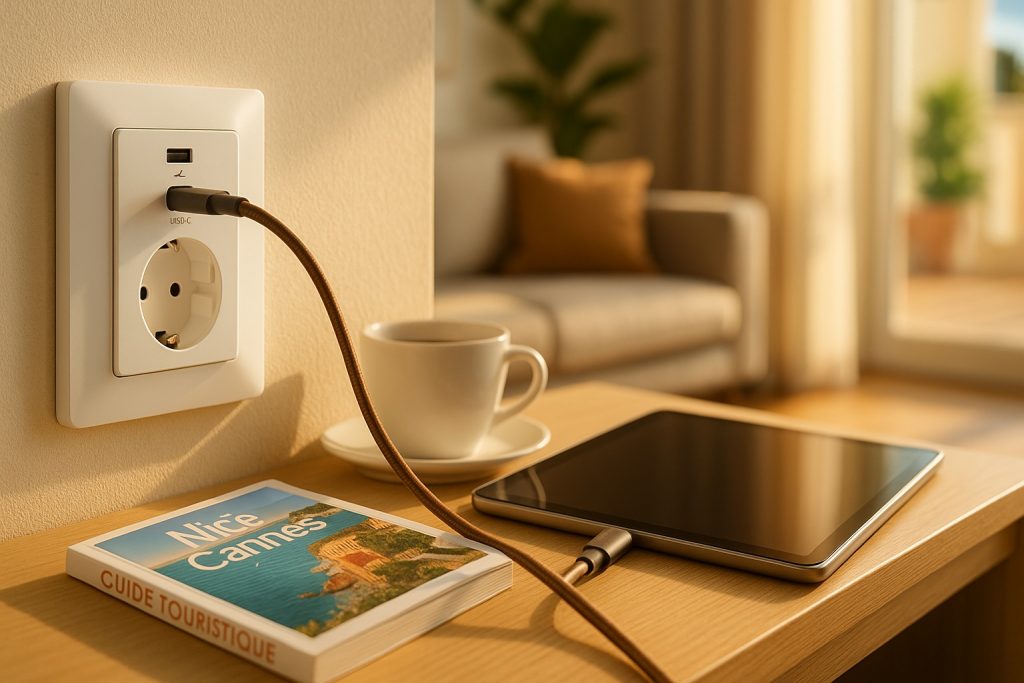 Prise murale moderne avec port USB, une des améliorations pour l'électricité d'une location saisonnière.