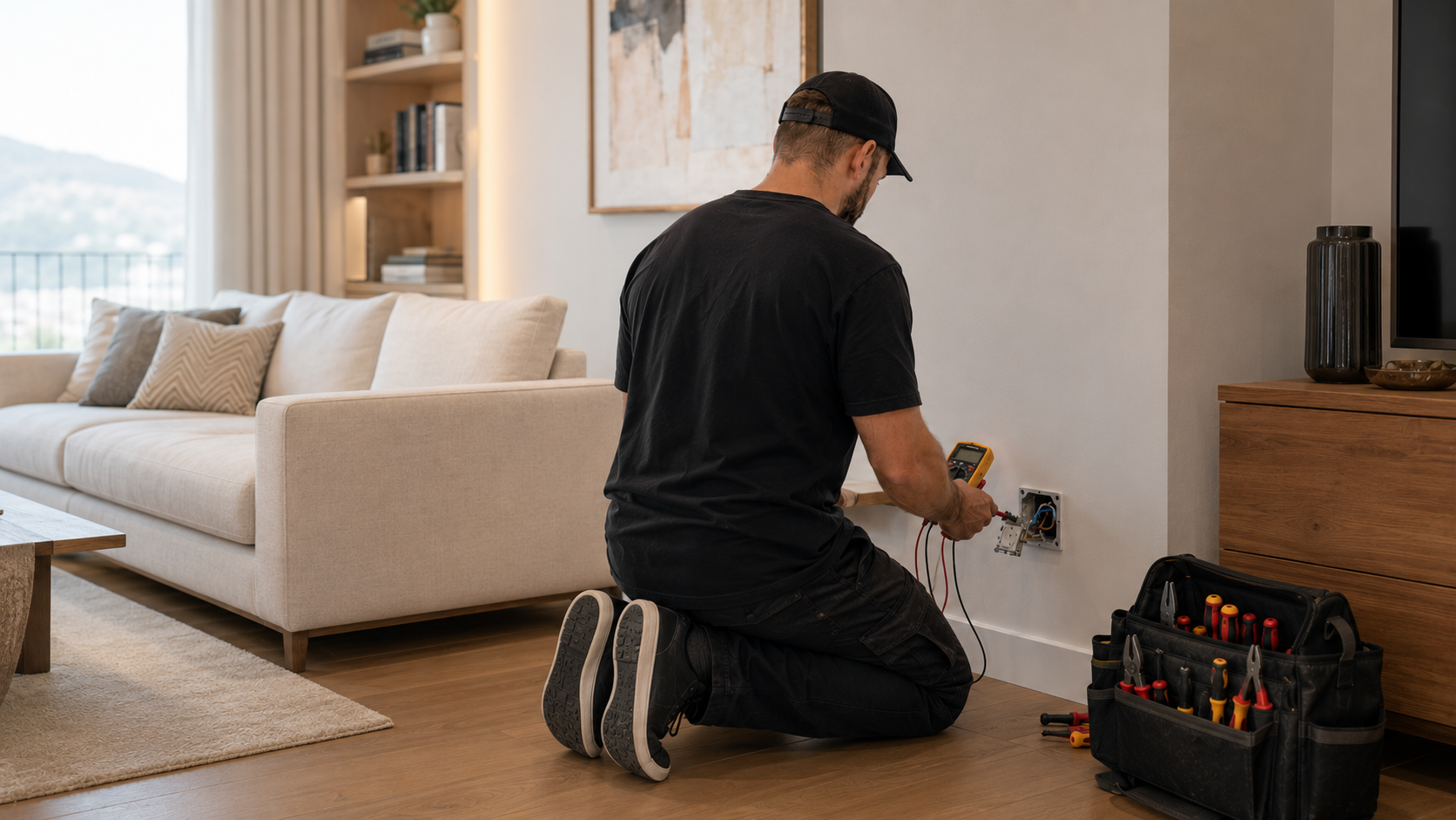 Artisan électricien testant une prise électrique avec un multimètre dans un salon