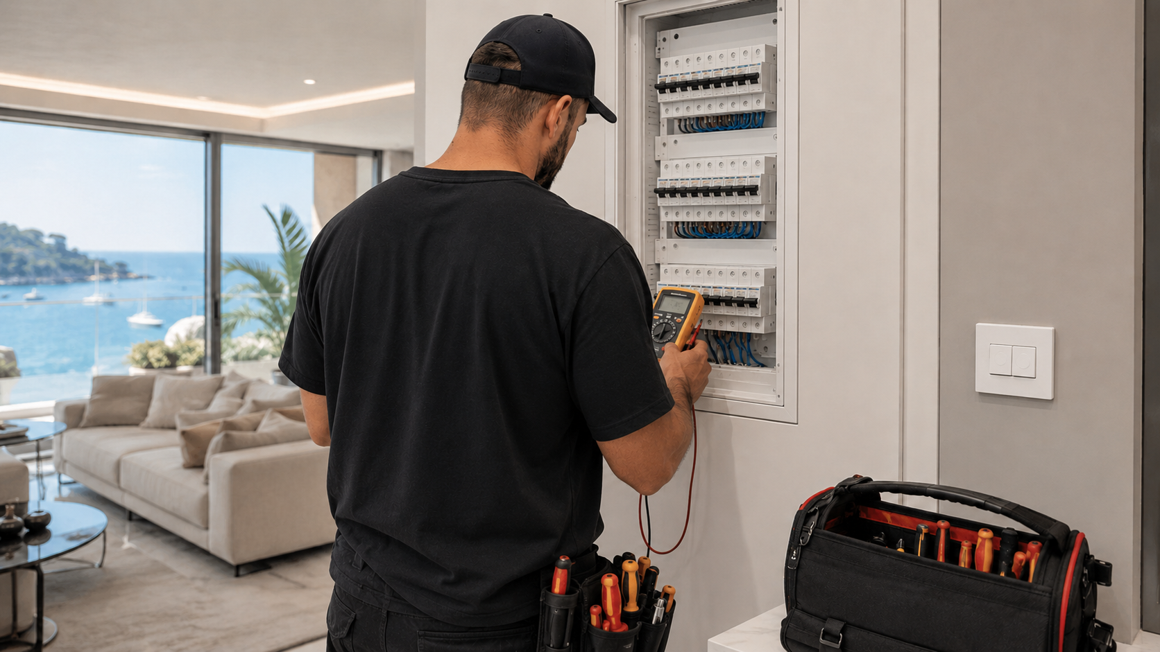 Électricien diagnostiquant une panne sur un tableau électrique dans un logement